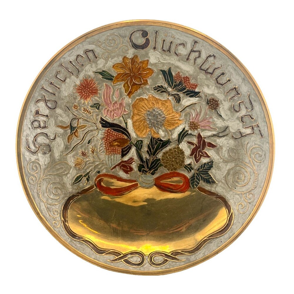 Vtg Germany Cloisonné Brass Plate Wall Decor 9.75" Floral Congradulations Art